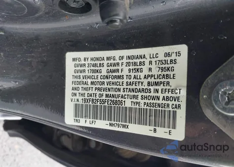 2015 Honda Civic Lx z USA, uszkodzony, nr VIN 19XFB2F55FE268061